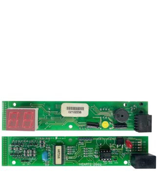 Green circuit board with red digital display.