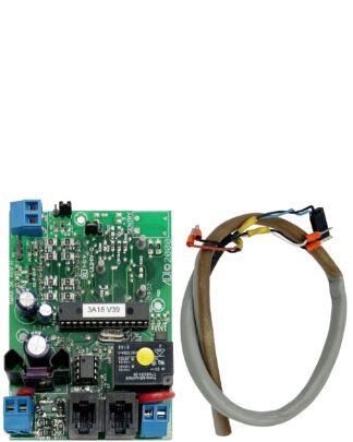 Green circuit board with wires and connectors.