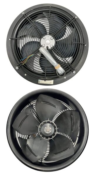 Black industrial fan with cage.